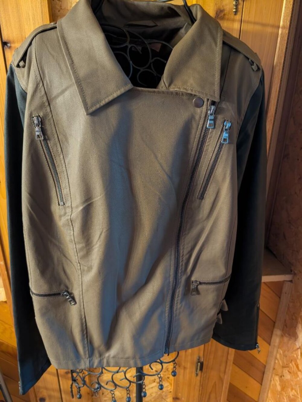 Nicole Richie Collection XL Moto Color Block Faux Leather Jacket Olive and Black